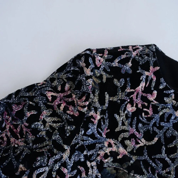 Vintage Tahari Arthur Levine Black & Maroon Sequin Velvet Embroidered Jacket 14 - Picture 11 of 14